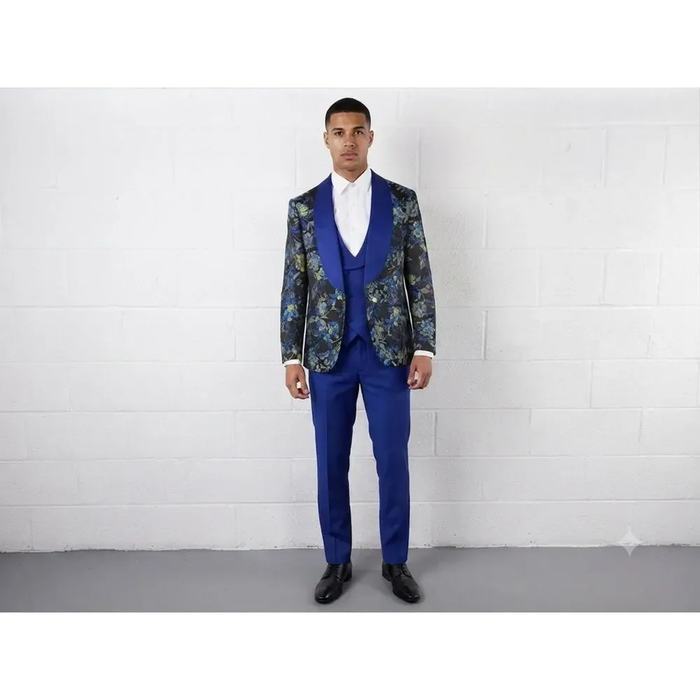 Pietro Scarlatti Mens Suit Tuxedo US 38 EU 48 Floral Blazer Vest Pants Blue T4